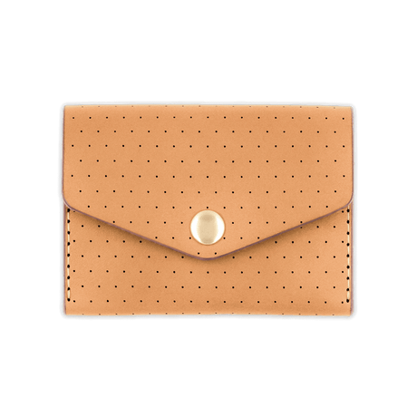 Tan leather Snap Wallet with decorative perforation and brass hardware.