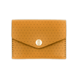 Gold leather Snap Wallet with decorative perforation and brass hardware.