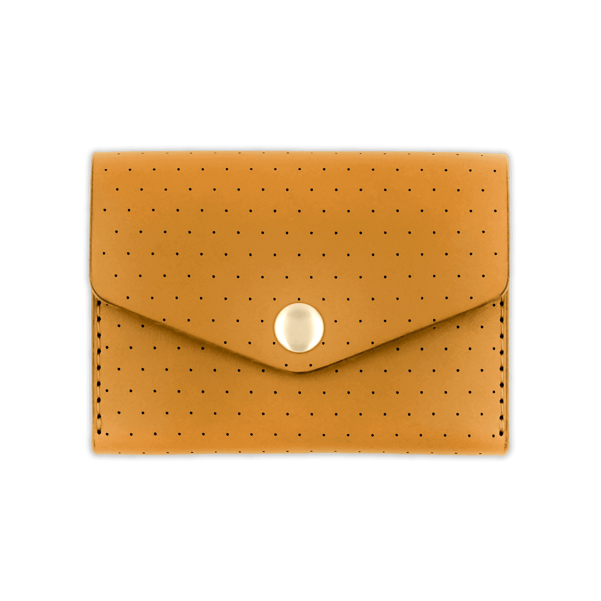 Gold leather Snap Wallet with decorative perforation and brass hardware.