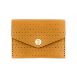 Gold leather Snap Wallet with decorative perforation and brass hardware.