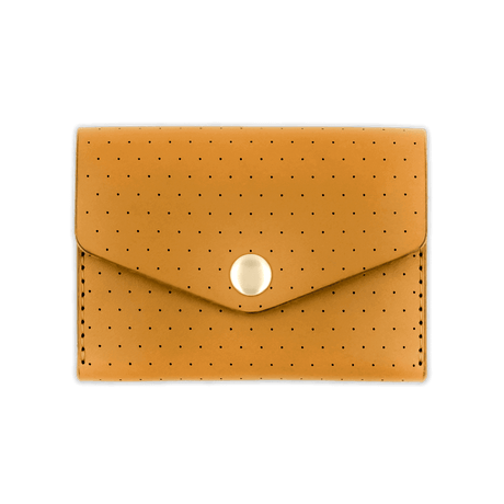 Gold leather Snap Wallet with decorative perforation and brass hardware.