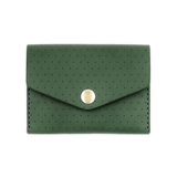 Green leather Snap Wallet with decorative perforation and brass hardware.