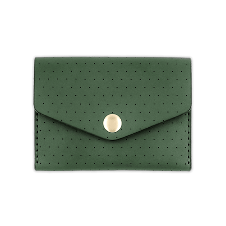 Green leather Snap Wallet with decorative perforation and brass hardware.