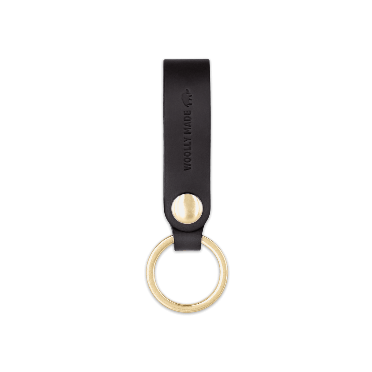 Black leather Snap Keychain  front view with brass keyring and hand-pressed Woolly Made logo.