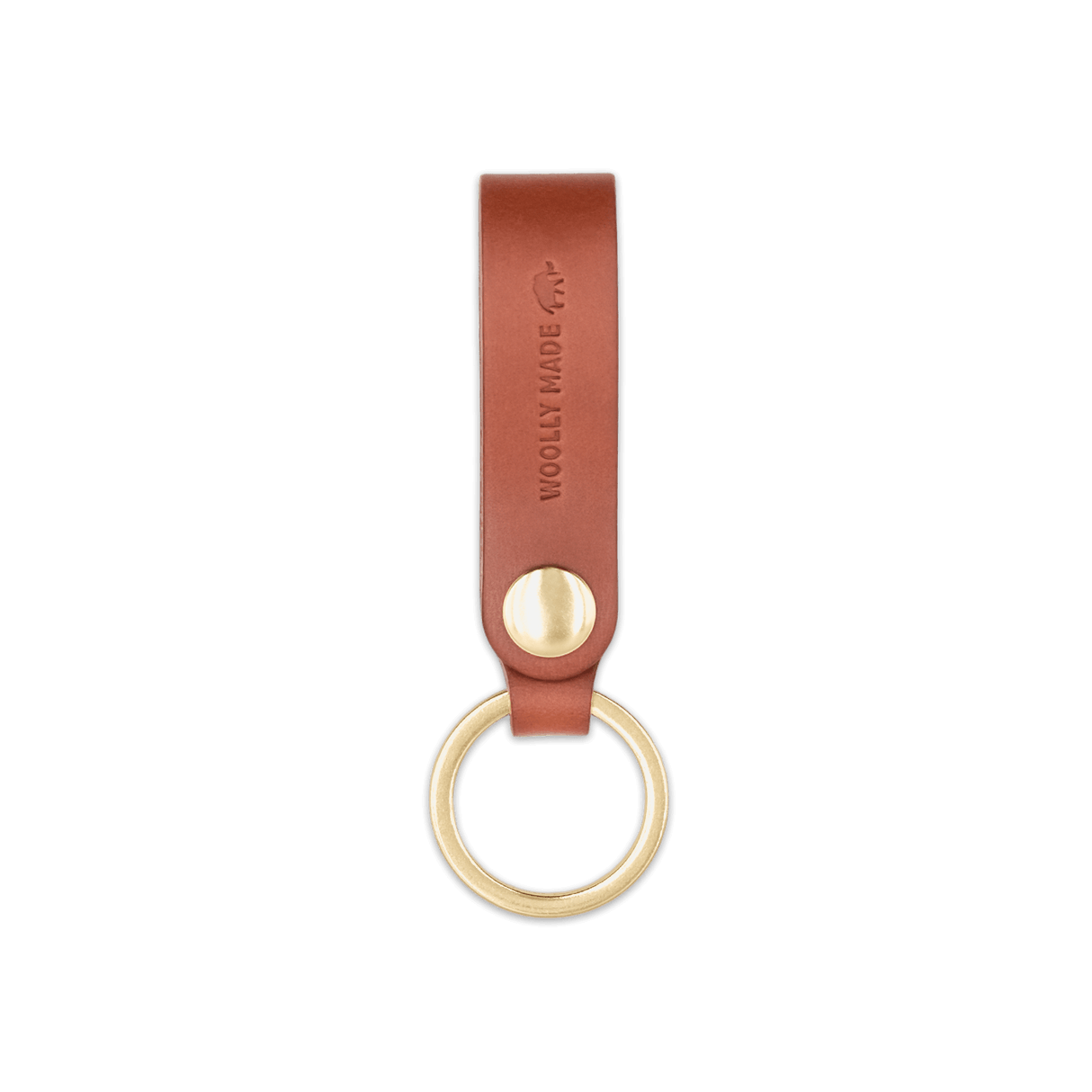 Brown leather Snap Keychain front view with brass keyring and hand-pressed Woolly Made logo.