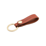 Brown leather Snap Keychain 3/4 view with brass keyring and hand-pressed Woolly Made logo.