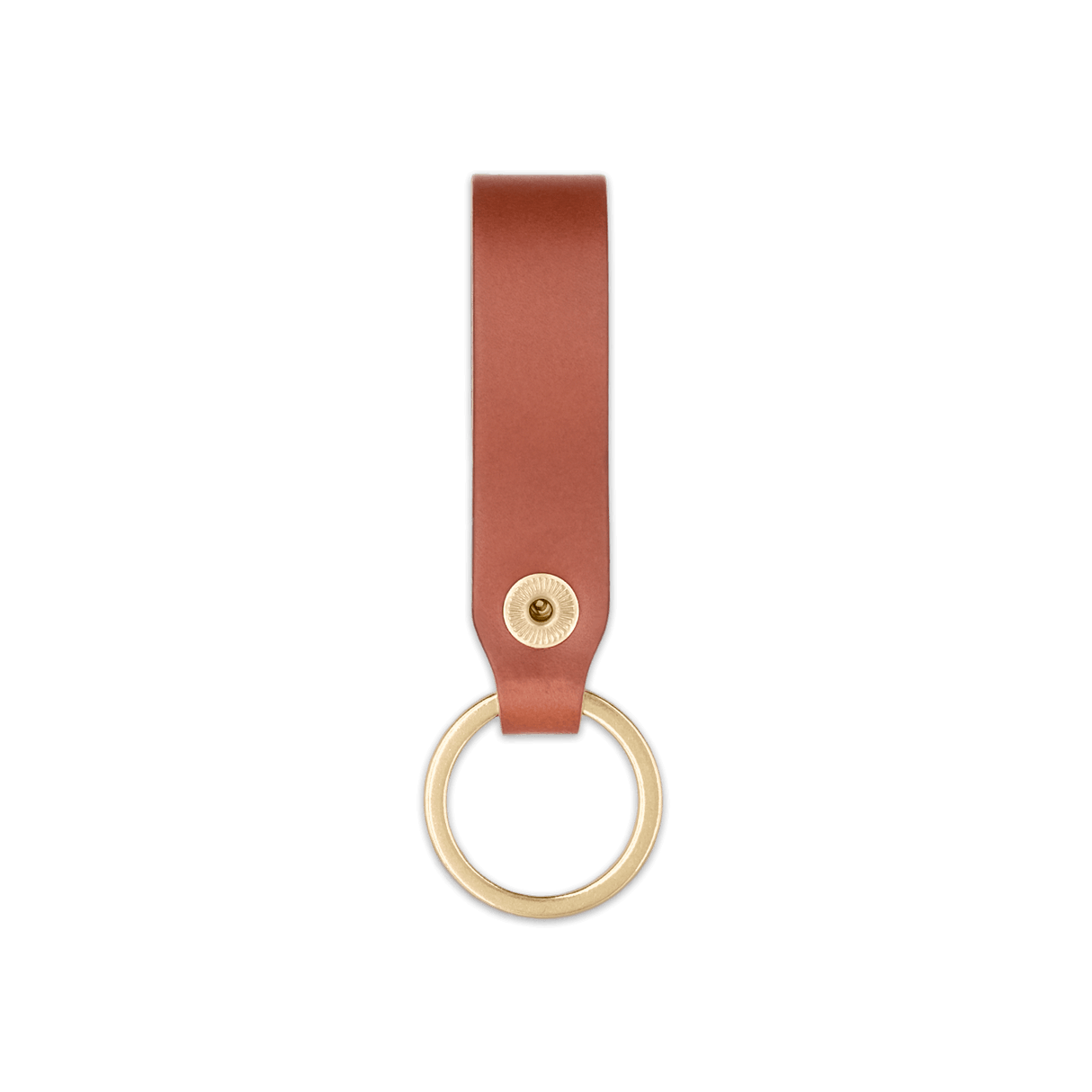 Brown leather Snap Keychain back view with brass keyring and hand-pressed Woolly Made logo.