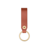 Brown leather Snap Keychain back view with brass keyring and hand-pressed Woolly Made logo.