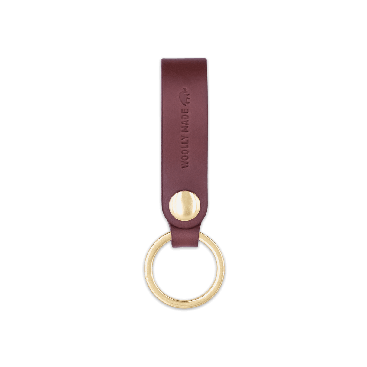 Burgundy leather Snap Keychain  front view with brass keyring and hand-pressed Woolly Made logo.