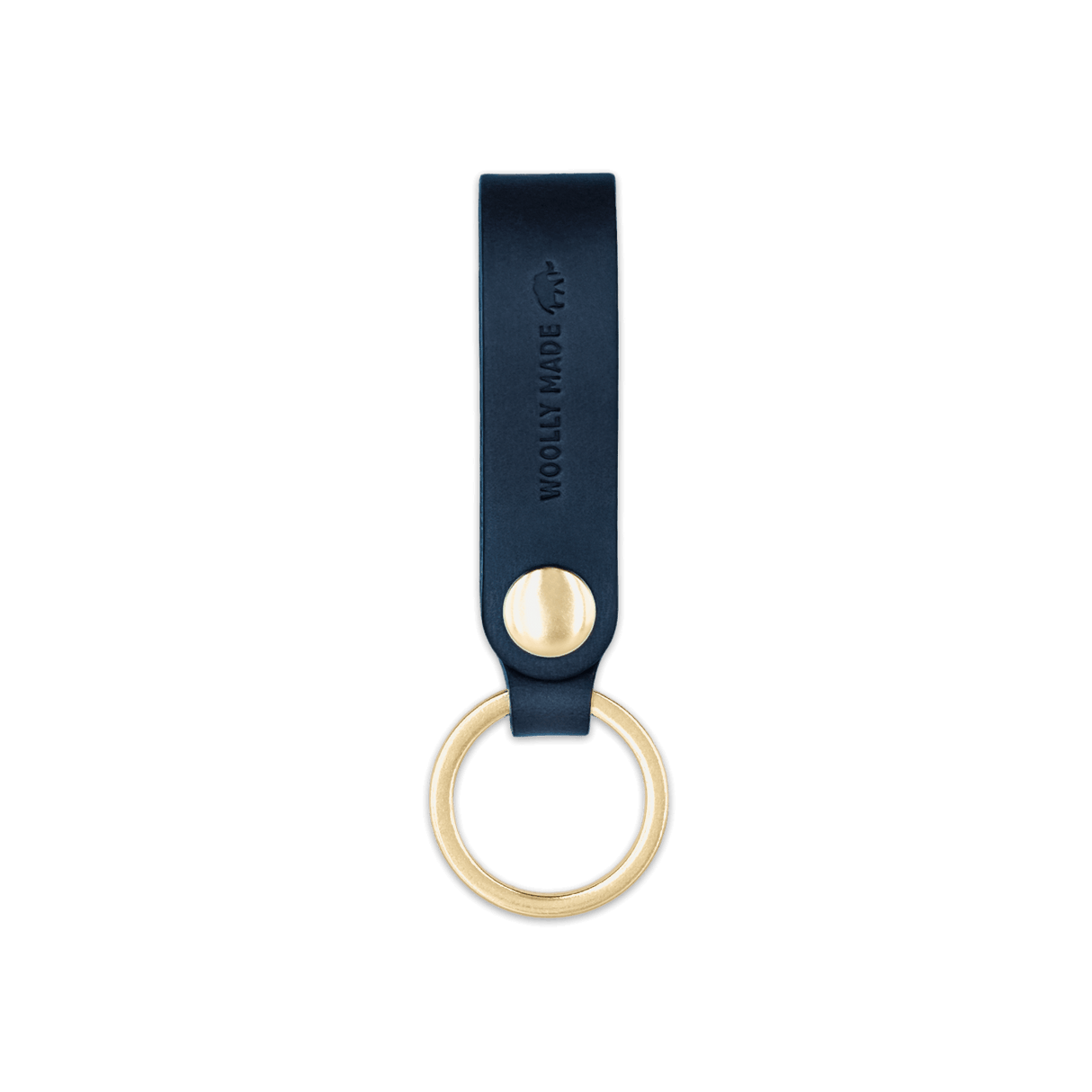 Navy leather Snap Keychain  front view with brass keyring and hand-pressed Woolly Made logo.