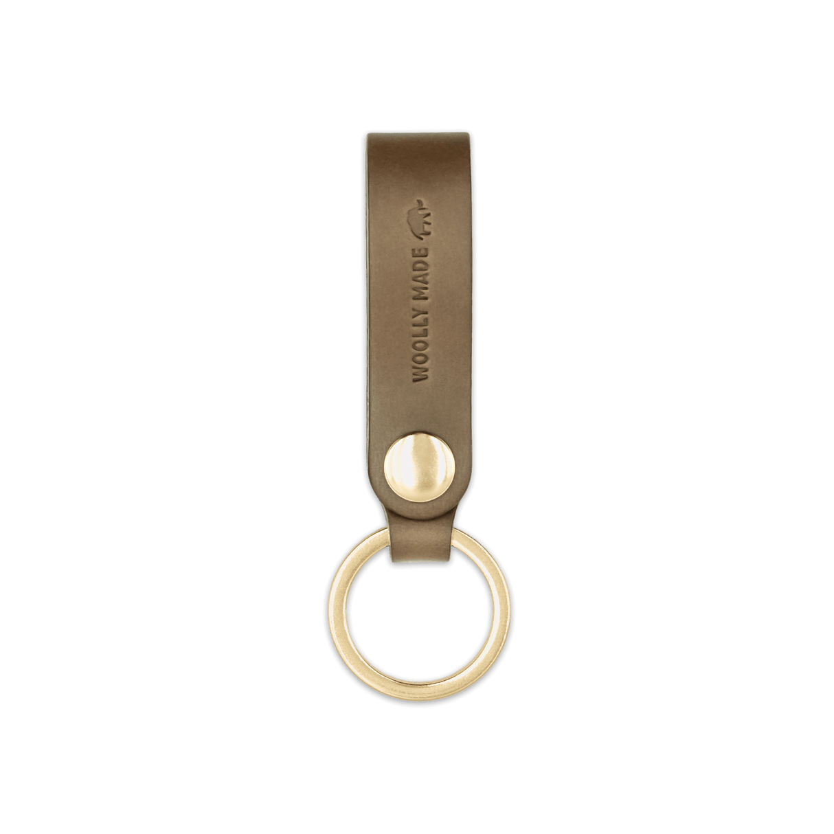 Olive leather Snap Keychain  front view with brass keyring and hand-pressed Woolly Made logo.