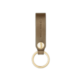 Olive leather Snap Keychain  front view with brass keyring and hand-pressed Woolly Made logo.