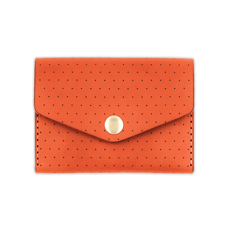 Orange leather Snap Wallet with decorative perforation and brass hardware.