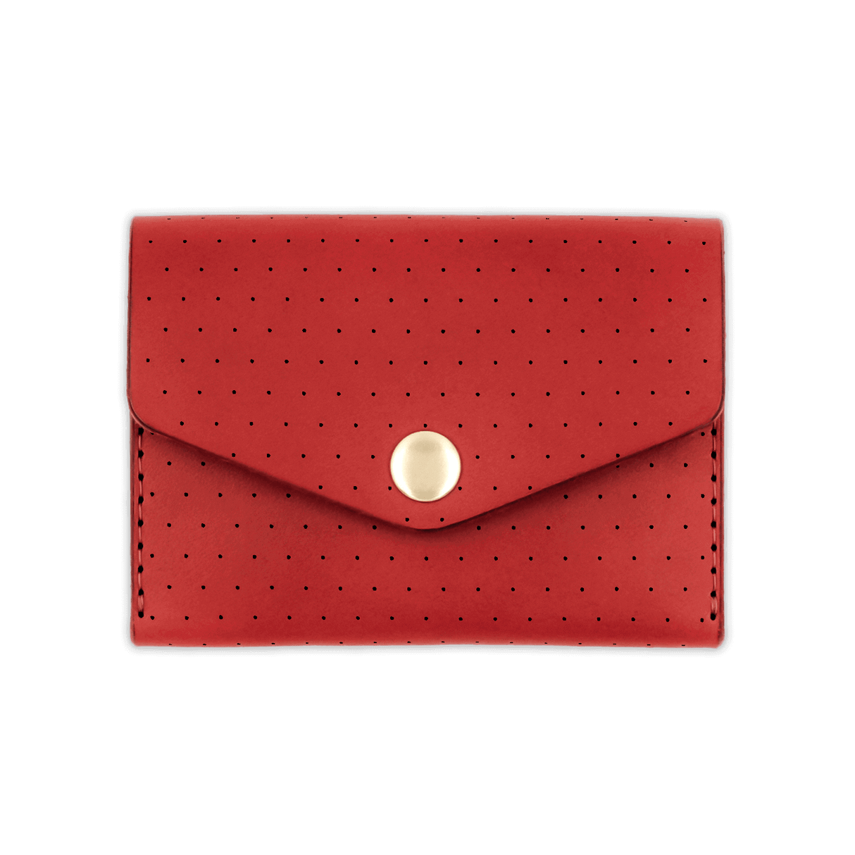 Red leather Snap Wallet with decorative perforation and brass hardware.