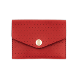 Red leather Snap Wallet with decorative perforation and brass hardware.