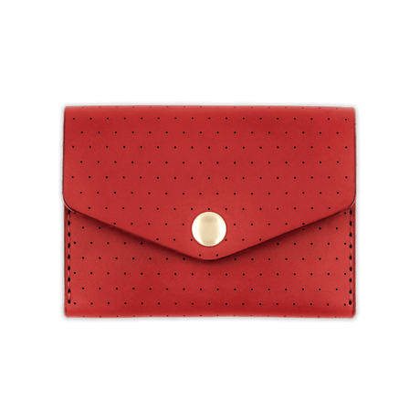 Red leather Snap Wallet with decorative perforation and brass hardware.