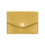 Yellow leather Snap Wallet with decorative perforation and brass hardware.