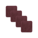 Burgundy leather square coaster set with hand-pressed Woolly Made logo spread out.