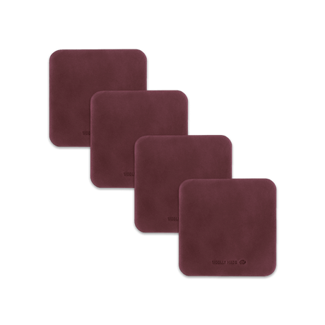 Burgundy leather square coaster set with hand-pressed Woolly Made logo spread out.