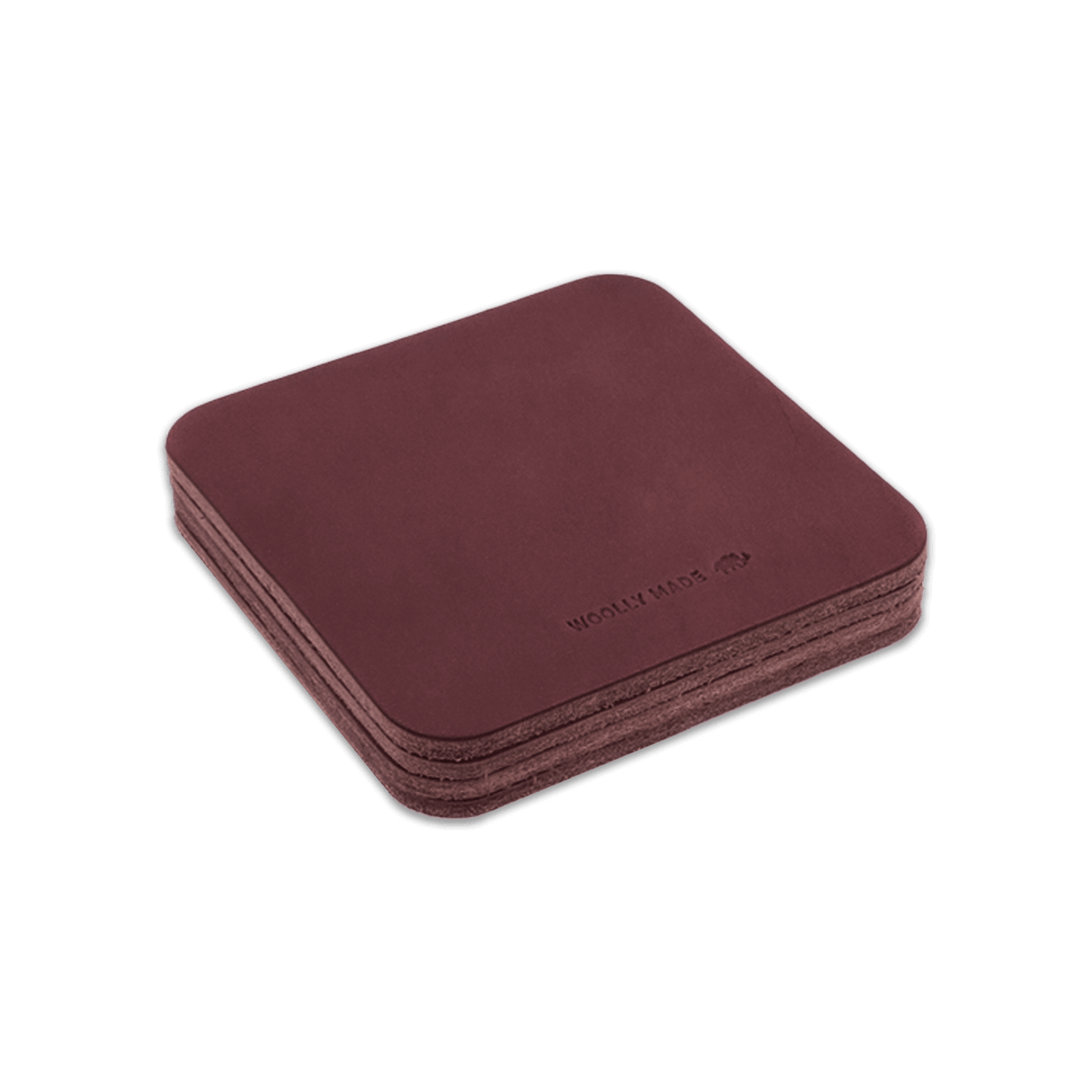 Burgundy leather square coaster set with hand-pressed Woolly Made logo stacked.