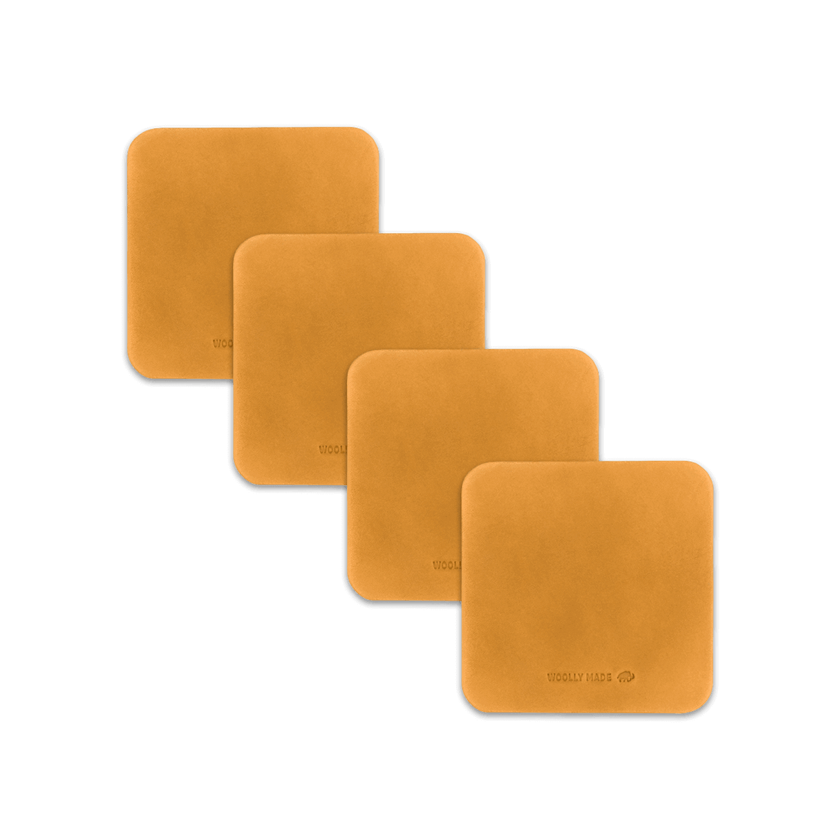 Gold leather square coaster set with hand-pressed Woolly Made logo spread out.