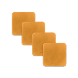 Gold leather square coaster set with hand-pressed Woolly Made logo spread out.
