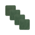 Green leather square coaster set with hand-pressed Woolly Made logo spread out.