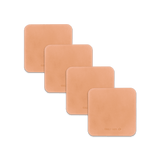 Natural leather square coaster set with hand-pressed Woolly Made logo spread out.