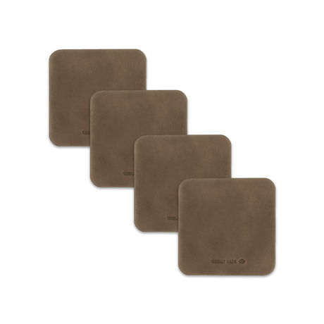 Olive leather square coaster set with hand-pressed Woolly Made logo spread out.