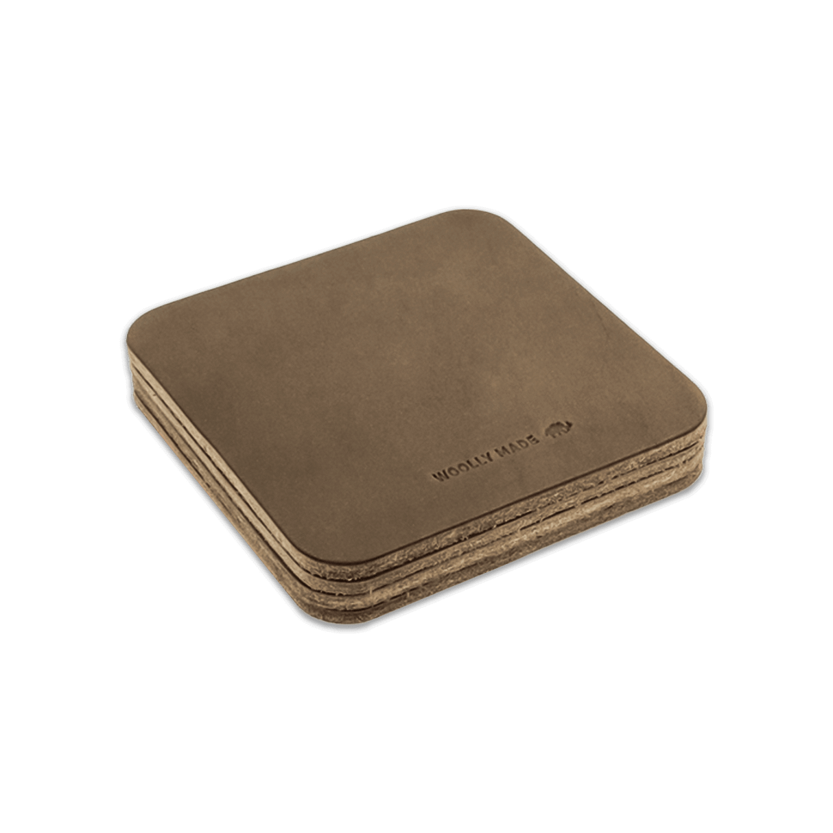 Olive leather square coaster set with hand-pressed Woolly Made logo stacked.