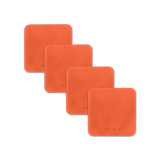 Orange leather square coaster set with hand-pressed Woolly Made logo spread out.