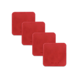 Red leather square coaster set with hand-pressed Woolly Made logo spread out.