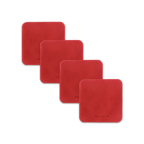 Red leather square coaster set with hand-pressed Woolly Made logo spread out.