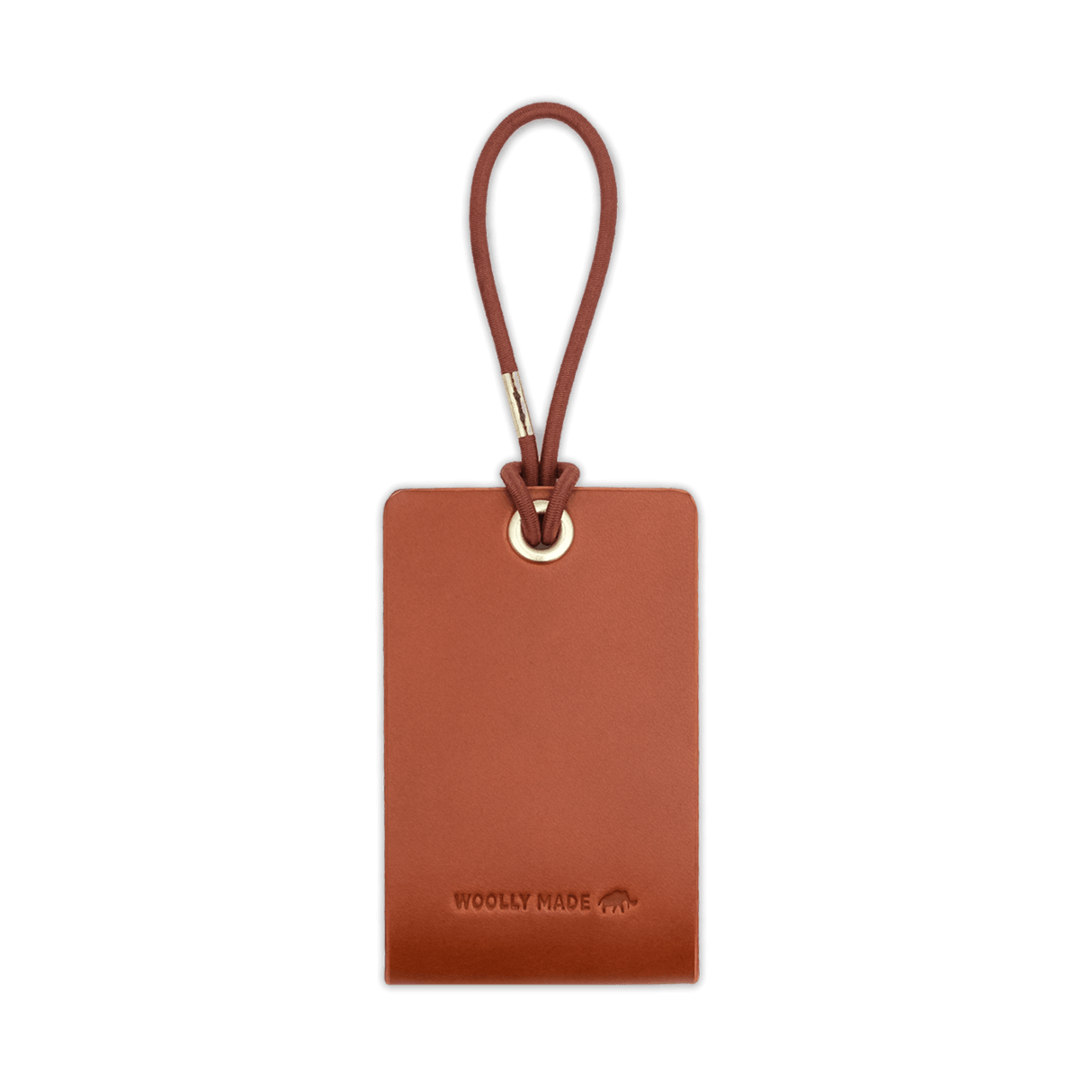 Woolly Made Standard Luggage Tag in Brown with elastic cord back view.