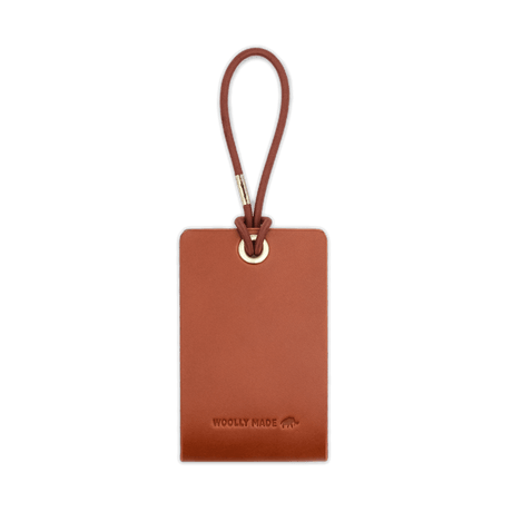 Woolly Made Standard Luggage Tag in Brown with elastic cord back view.