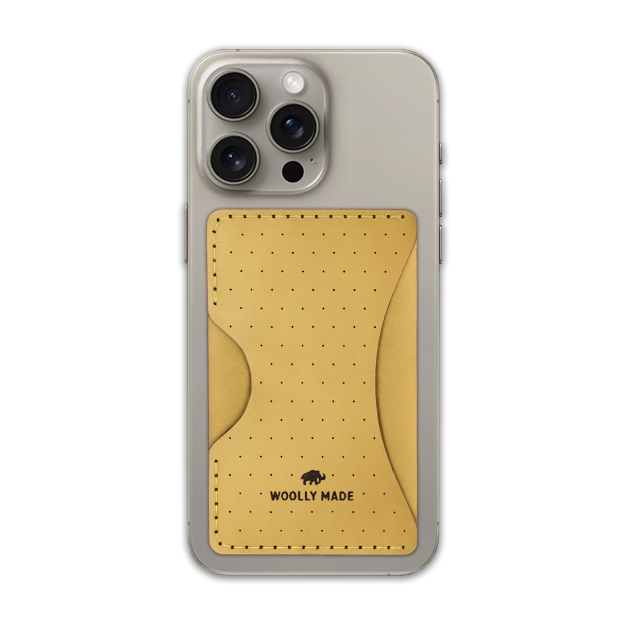 Yellow leather Stick-On Wallet with decorative perforation and etched Woolly Made logo on iPhone.