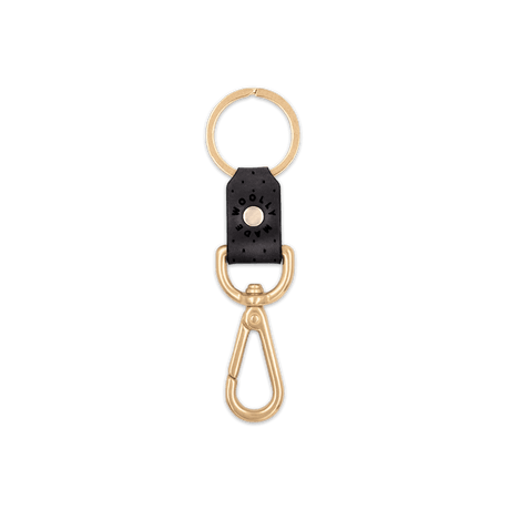 Black leather Swivel Keychain, decorative perforation, etched Woolly Made logo, brass hardware.