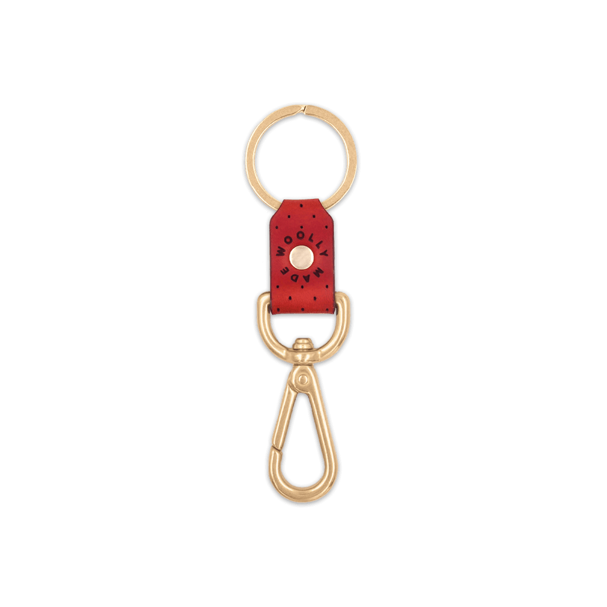 Red leather Swivel Keychain, decorative perforation, etched Woolly Made logo, brass hardware.