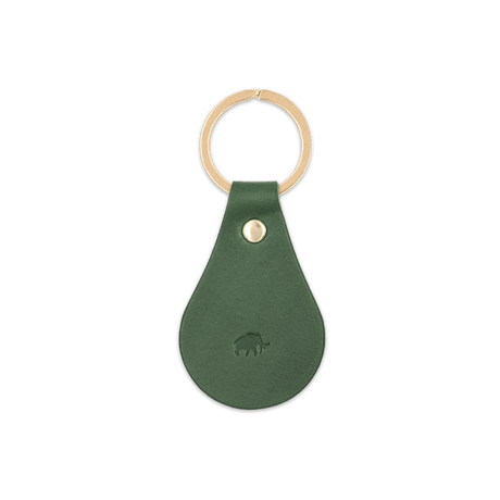 Green leather Tab Keychain, hand-pressed Woolly Made logo, brass hardware.