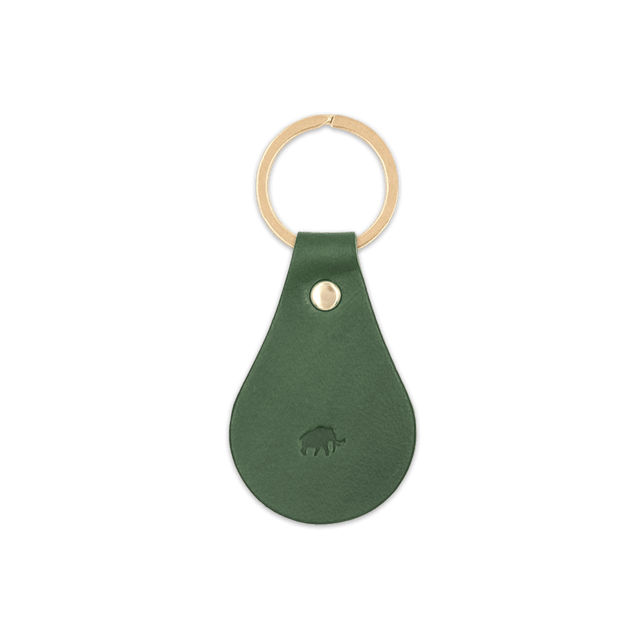 Green leather Tab Keychain, hand-pressed Woolly Made logo, brass hardware.