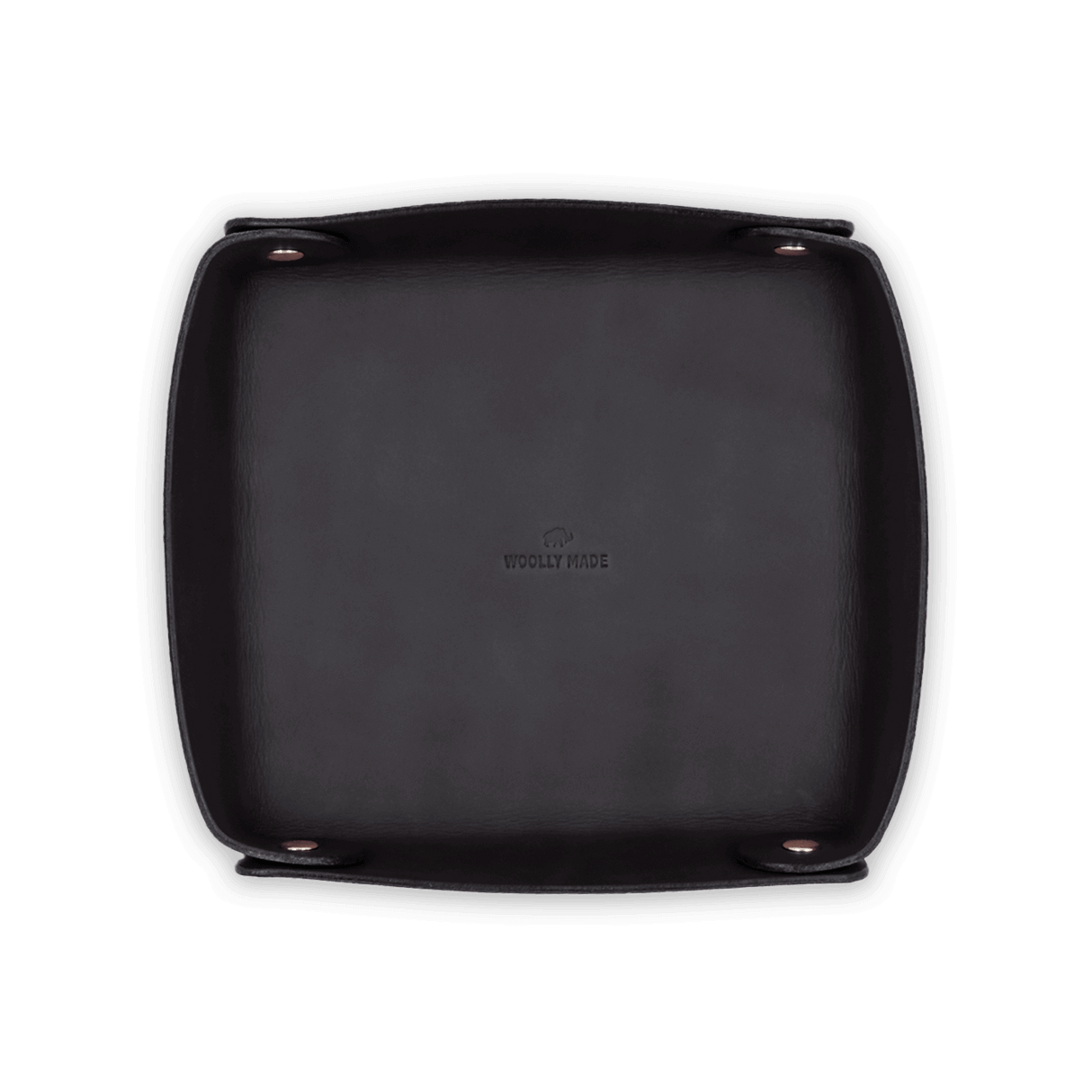 Top down view of black leather Valet Tray with hand-pressed Woolly Made logo and brass hardware.