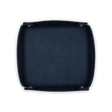 Top down view of navy leather Valet Tray with hand-pressed Woolly Made logo and brass hardware.