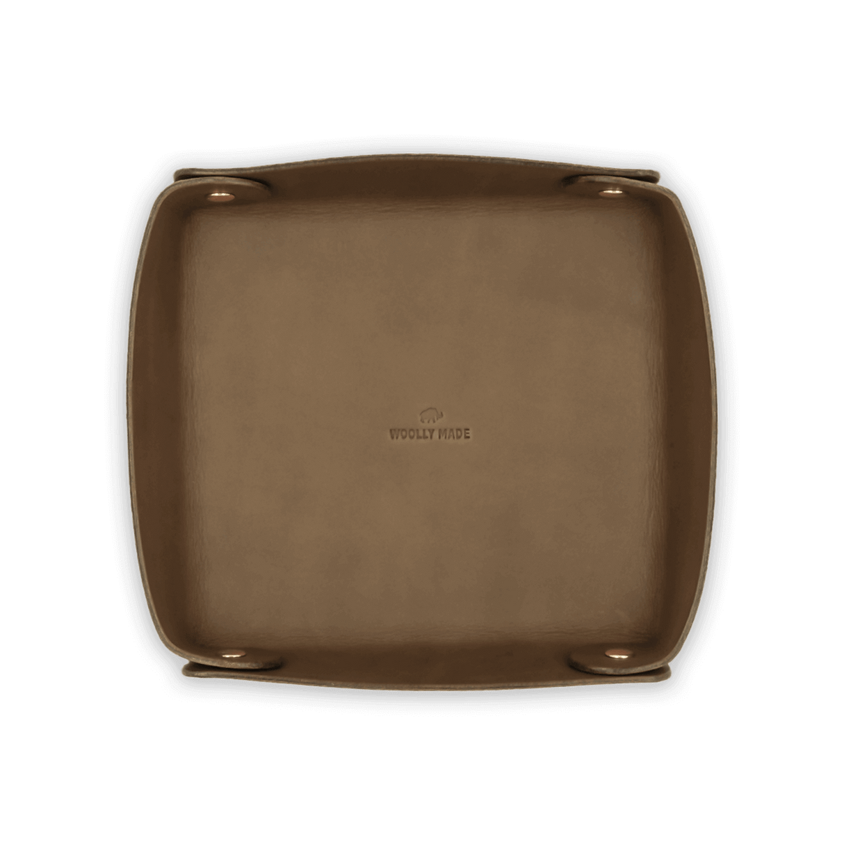 Top down view of olive leather Valet Tray with hand-pressed Woolly Made logo and brass hardware.