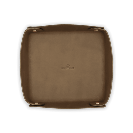 Top down view of olive leather Valet Tray with hand-pressed Woolly Made logo and brass hardware.