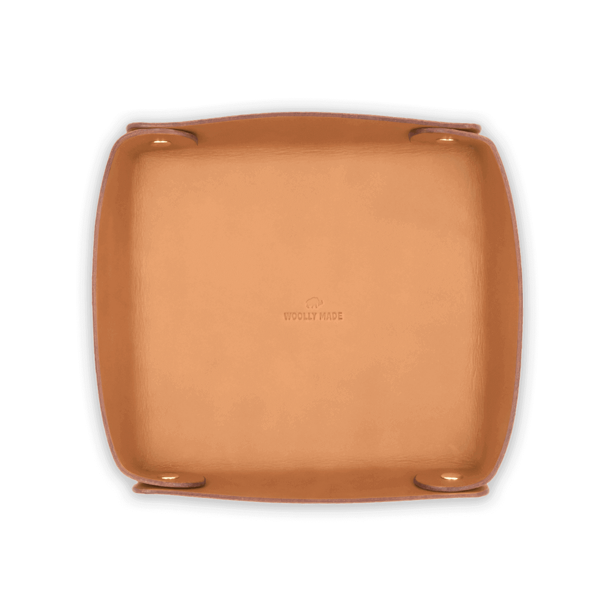 Top down view of tan leather Valet Tray with hand-pressed Woolly Made logo and brass hardware.