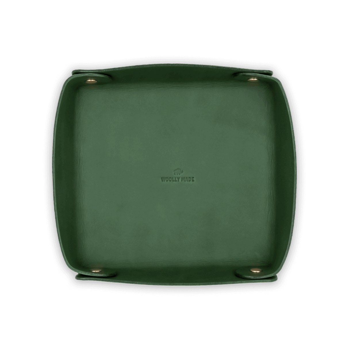 Top down view of green leather Valet Tray with hand-pressed Woolly Made logo and brass hardware.