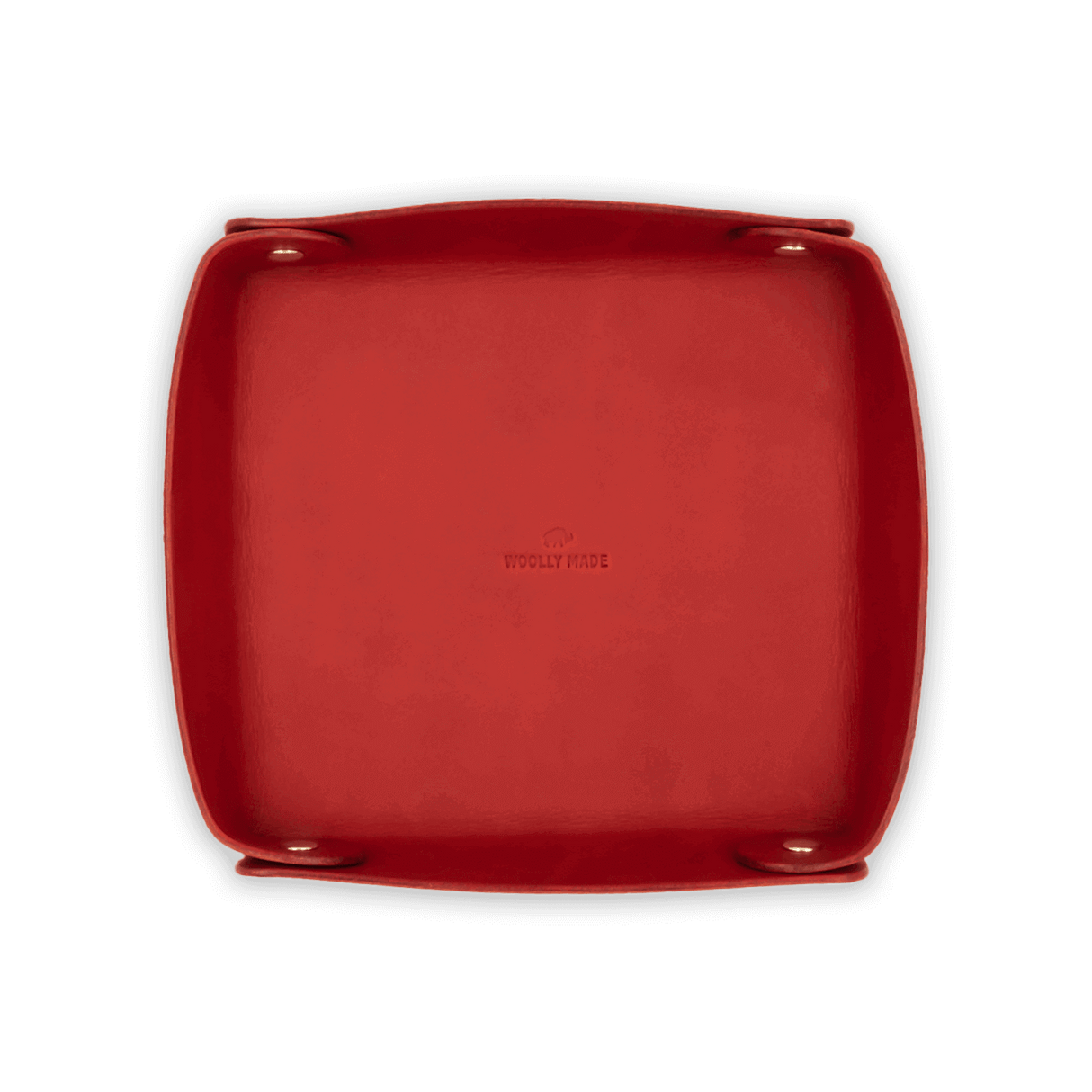 Top down view of red leather Valet Tray with hand-pressed Woolly Made logo and brass hardware.