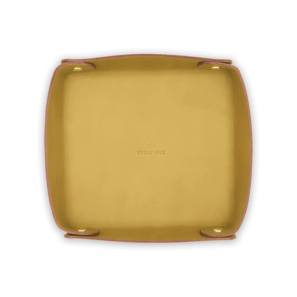 Top down view of yellow leather Valet Tray with hand-pressed Woolly Made logo and brass hardware.