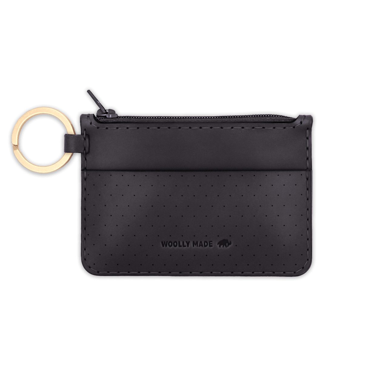 Black leather Zip Wallet, zipper, perforation, hand-pressed Woolly Made logo, brass hardware.