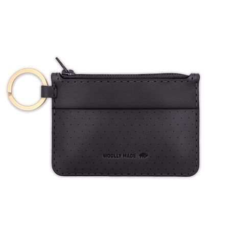 Black leather Zip Wallet, zipper, perforation, hand-pressed Woolly Made logo, brass hardware.